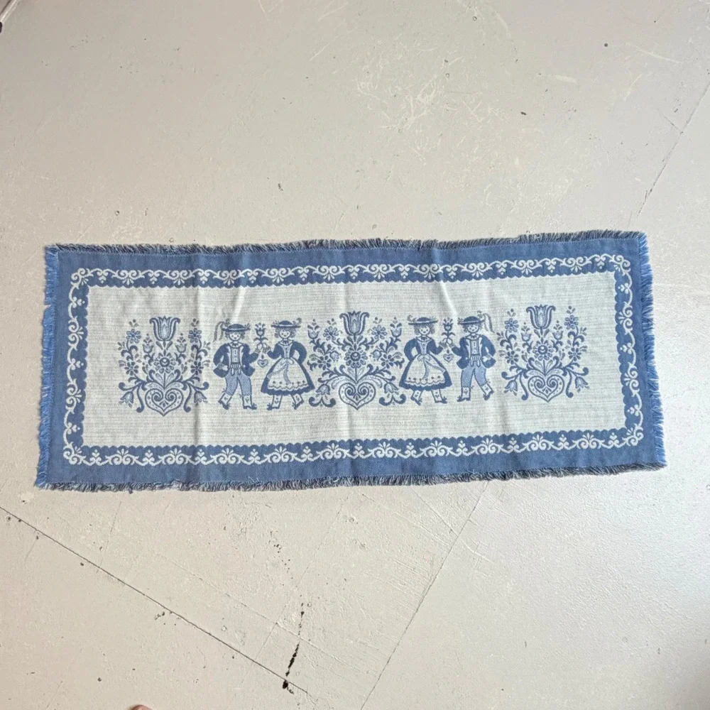 Vintage Blue White Folk Art Woven Table Runner Fringed Scandinavian Style 15x37